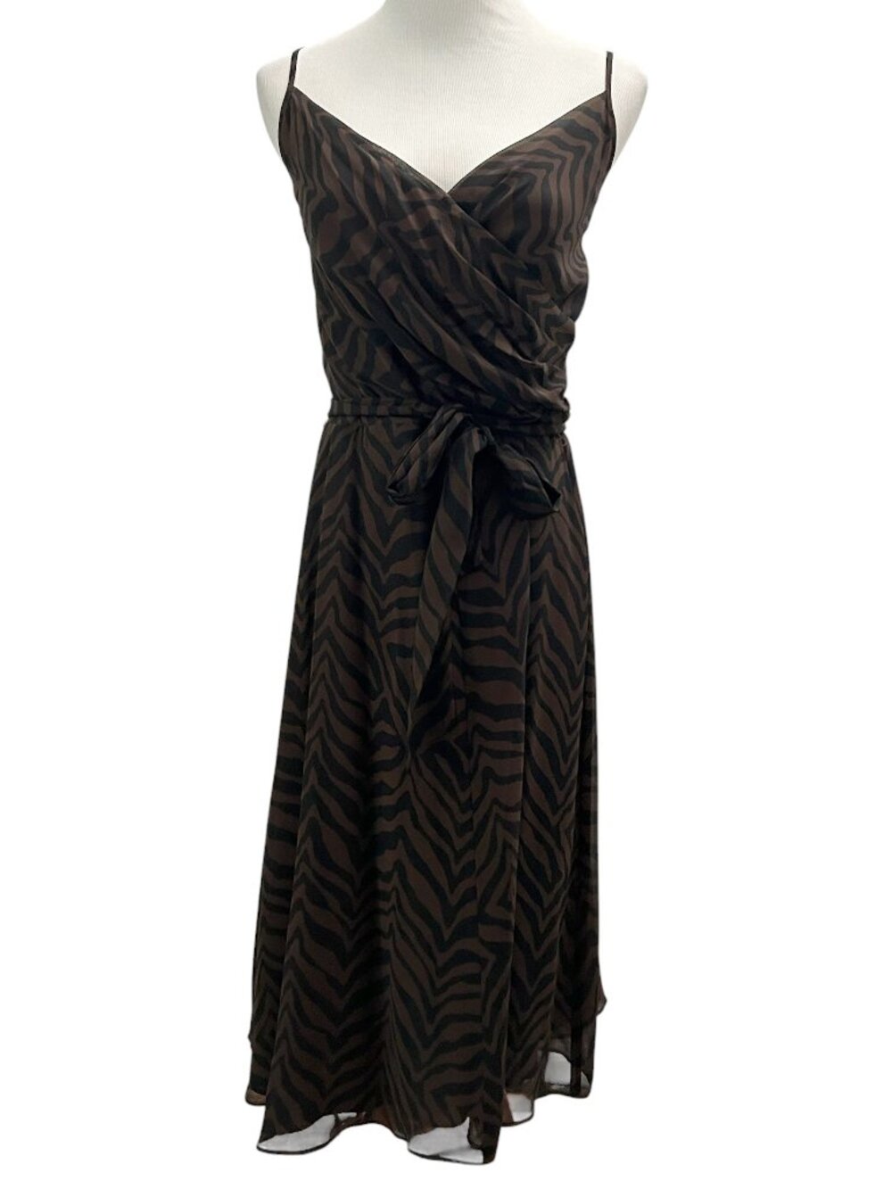 Talbots Size 10 Brown Black Zebra Print Tie Belt Lined Wrap Top Silk Dress NWT